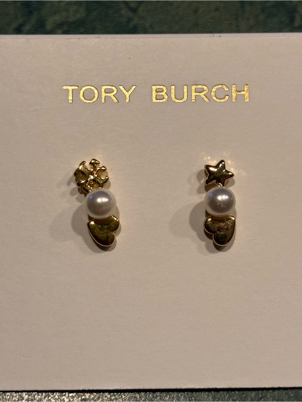 Brand new Tory Burch Gold plated Heart & Star Pearl Drop Earrings